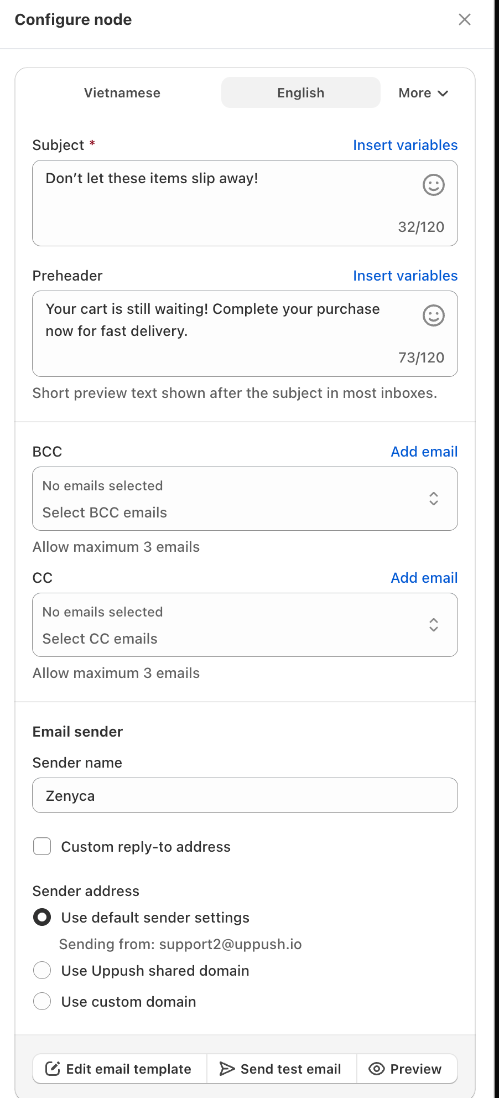 Email step settings