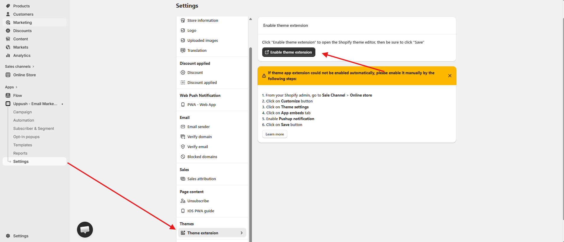 enable theme extension in settings