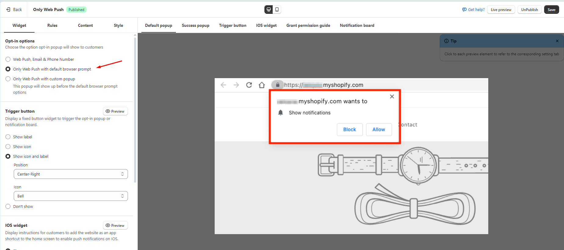 popup webpush default