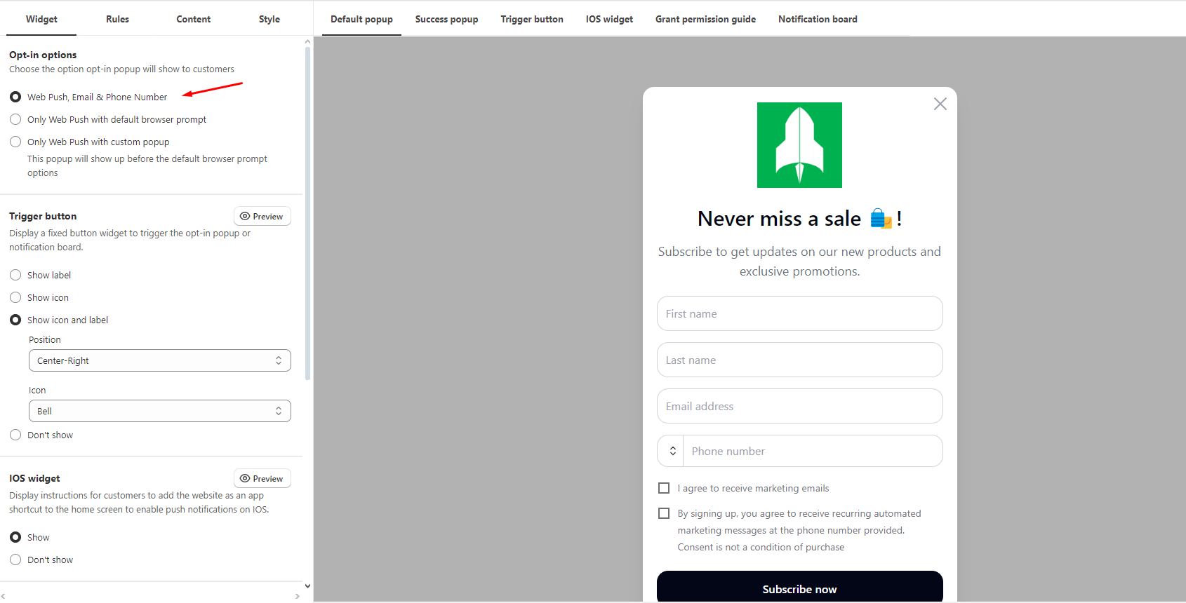 preview popup email and phone
